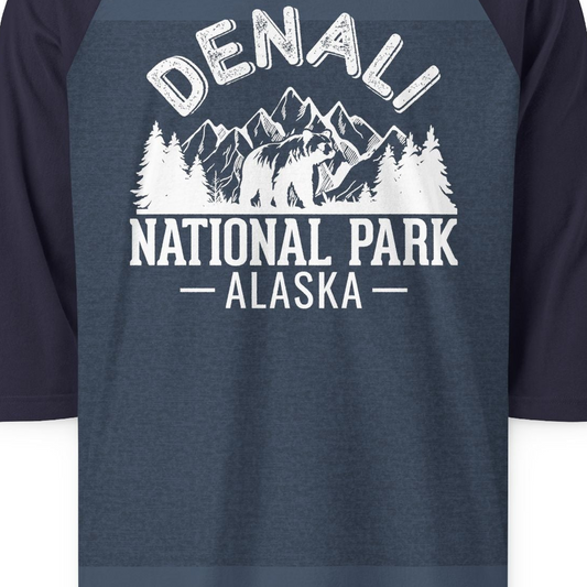 Denali National Park Bear Mountains Vintage Alaska Nature Shirt — 3/4 Sleeve 3/4 Sleeve Raglan Shirt – Alaska Cruise Shirts Close Up