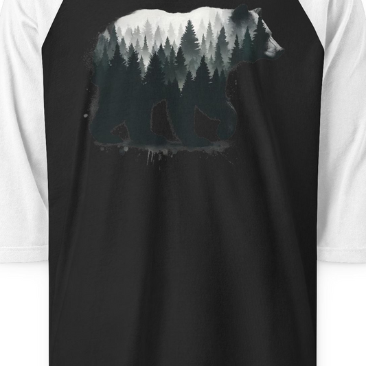 Bear Silhouette Forest Double Exposure Shirt 3/4 Sleeve Raglan Shirt – Alaska Cruise Shirts Close Up
