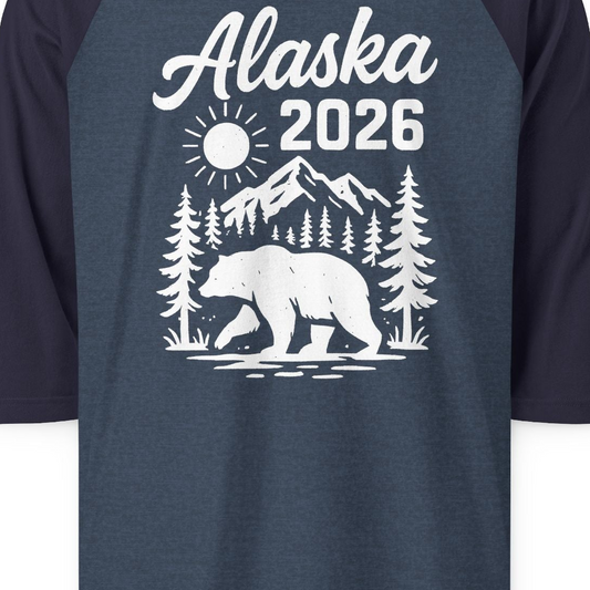 Alaska 2026 Bear and Mountains Nature Adventure Shirt — 3/4 Sleeve 3/4 Sleeve Raglan Shirt – Alaska Cruise Shirts Close Up
