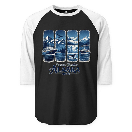 Alaska Cruise Adventure Shirt 3/4 Sleeve Raglan Shirt – Alaska Cruise Shirts Close Up