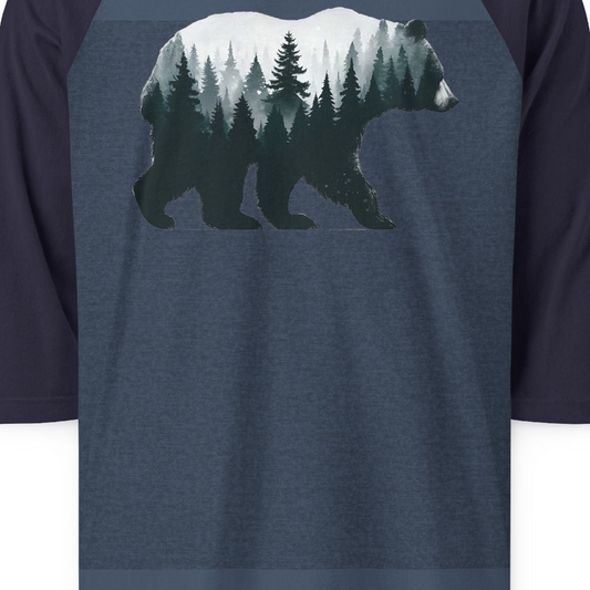Double Exposure Bear Forest Silhouette Wilderness Shirt for Nature Lovers — 3/4 Sleeve 3/4 Sleeve Raglan Shirt – Alaska Cruise Shirts Close Up