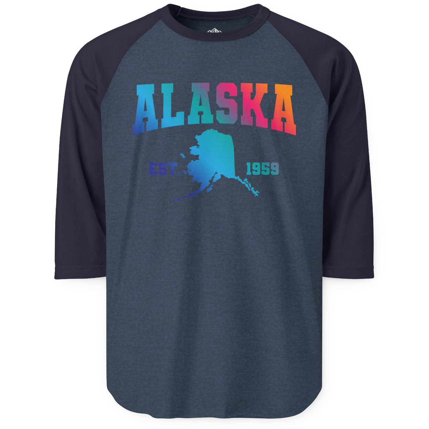Retro Alaska Est 1959 Shirt - Bold Collegiate Map Gradient Design 3/4 Sleeve Raglan Shirt – Heather Denim/Navy – Alaska Cruise Shirts