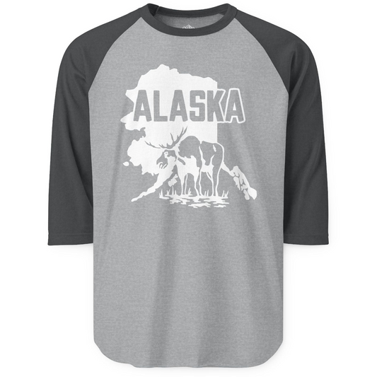 Alaska Moose Silhouette Shirt - Bold State Outline Wildlife Graphic 3/4 Sleeve Raglan Shirt – Heather Grey/Heather Charcoal – Alaska Cruise Shirts