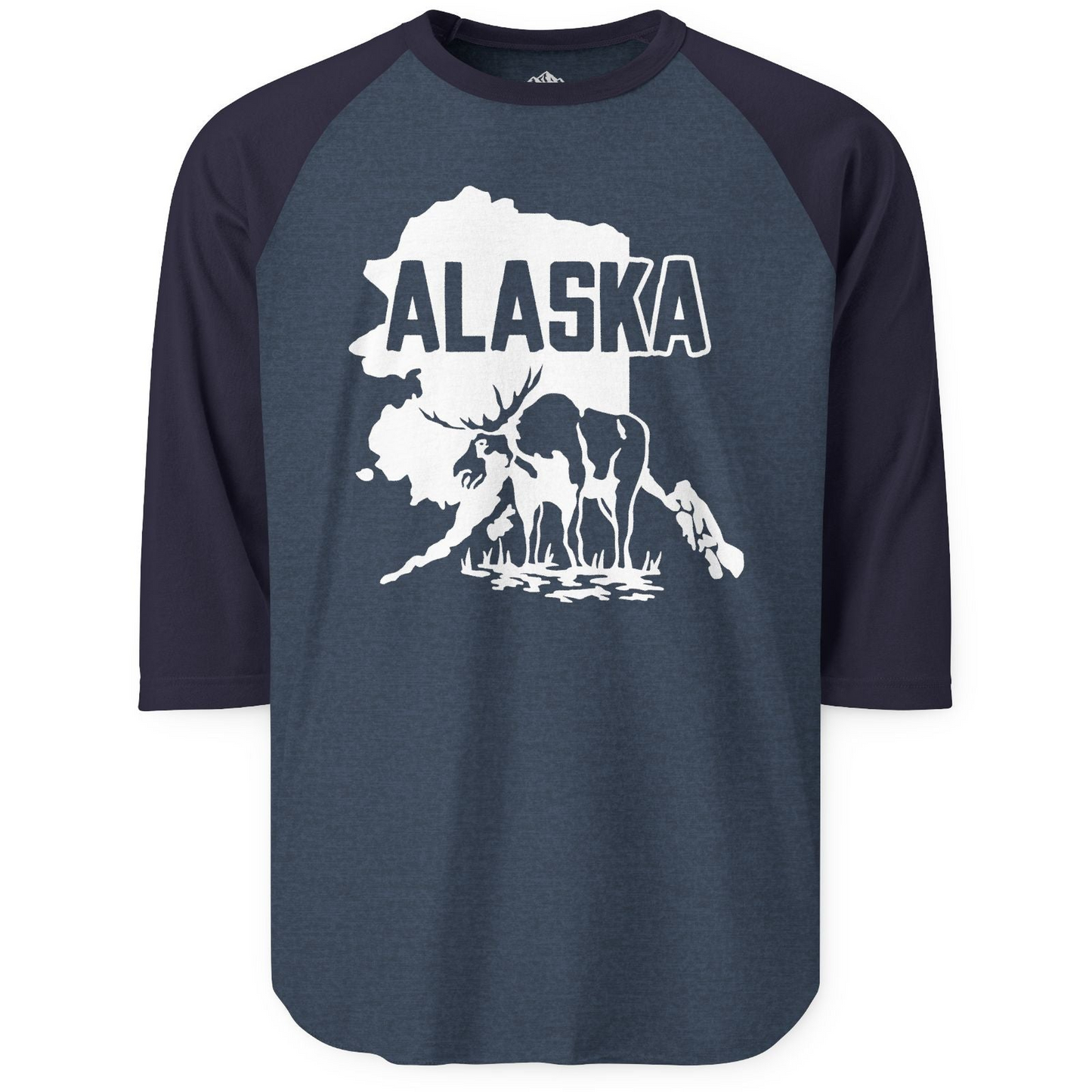 Alaska Moose Silhouette Shirt - Bold State Outline Wildlife Graphic 3/4 Sleeve Raglan Shirt – Heather Denim/Navy – Alaska Cruise Shirts