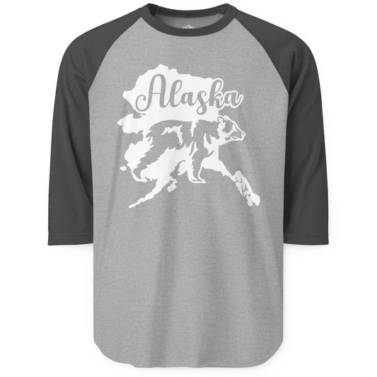 Alaska Bear Silhouette Shirt - Bold Wilderness Wildlife Graphic Tee 3/4 Sleeve Raglan Shirt – Heather Grey/Heather Charcoal – Alaska Cruise Shirts