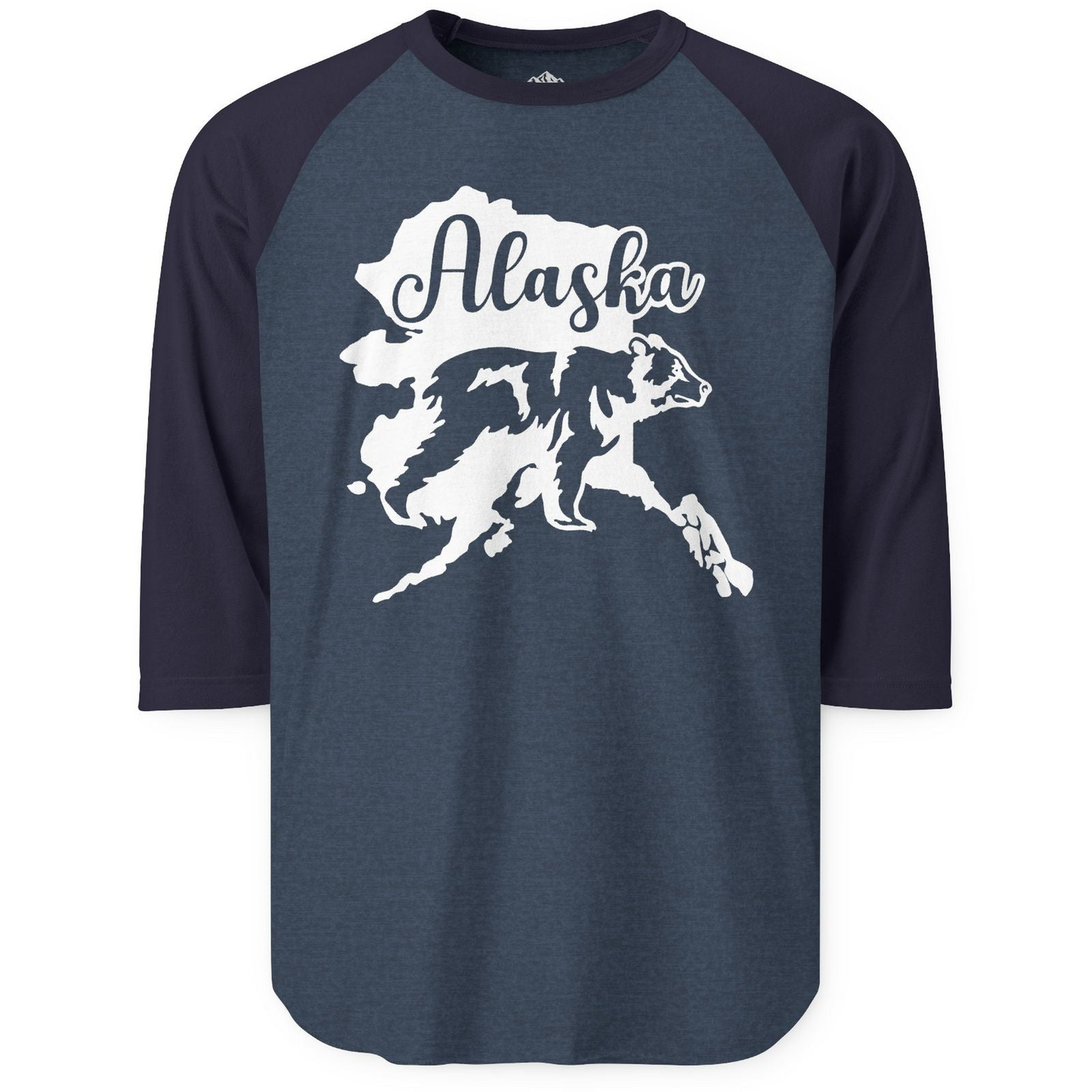 Alaska Bear Silhouette Shirt - Bold Wilderness Wildlife Graphic Tee 3/4 Sleeve Raglan Shirt – Heather Denim/Navy – Alaska Cruise Shirts