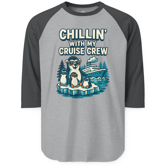 Chillin With My Cruise Crew Cute Penguins Alaska Cartoon Shirt 3/4 Sleeve Raglan Shirt – Heather Grey/Heather Charcoal – Alaska Cruise Shirts