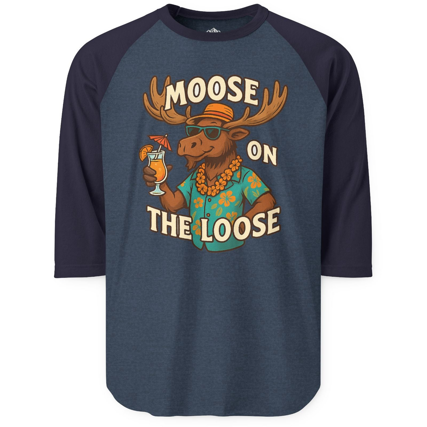 Moose On The Loose Funny Tropical Cartoon Vacation Shirt 3/4 Sleeve Raglan Shirt – Heather Denim/Navy – Alaska Cruise Shirts