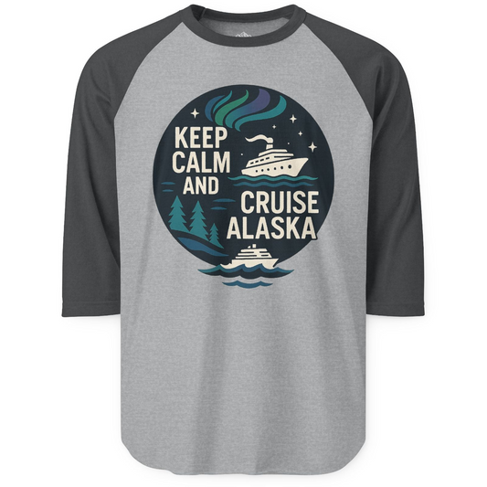 Keep Calm Cruise Alaska Shirt - Northern Lights Pine Trees Retro Tee 3/4 Sleeve Raglan Shirt – Heather Grey/Heather Charcoal – Alaska Cruise Shirts
