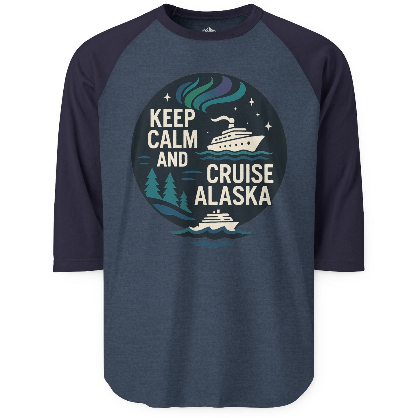 Keep Calm Cruise Alaska Shirt - Northern Lights Pine Trees Retro Tee 3/4 Sleeve Raglan Shirt – Heather Denim/Navy – Alaska Cruise Shirts