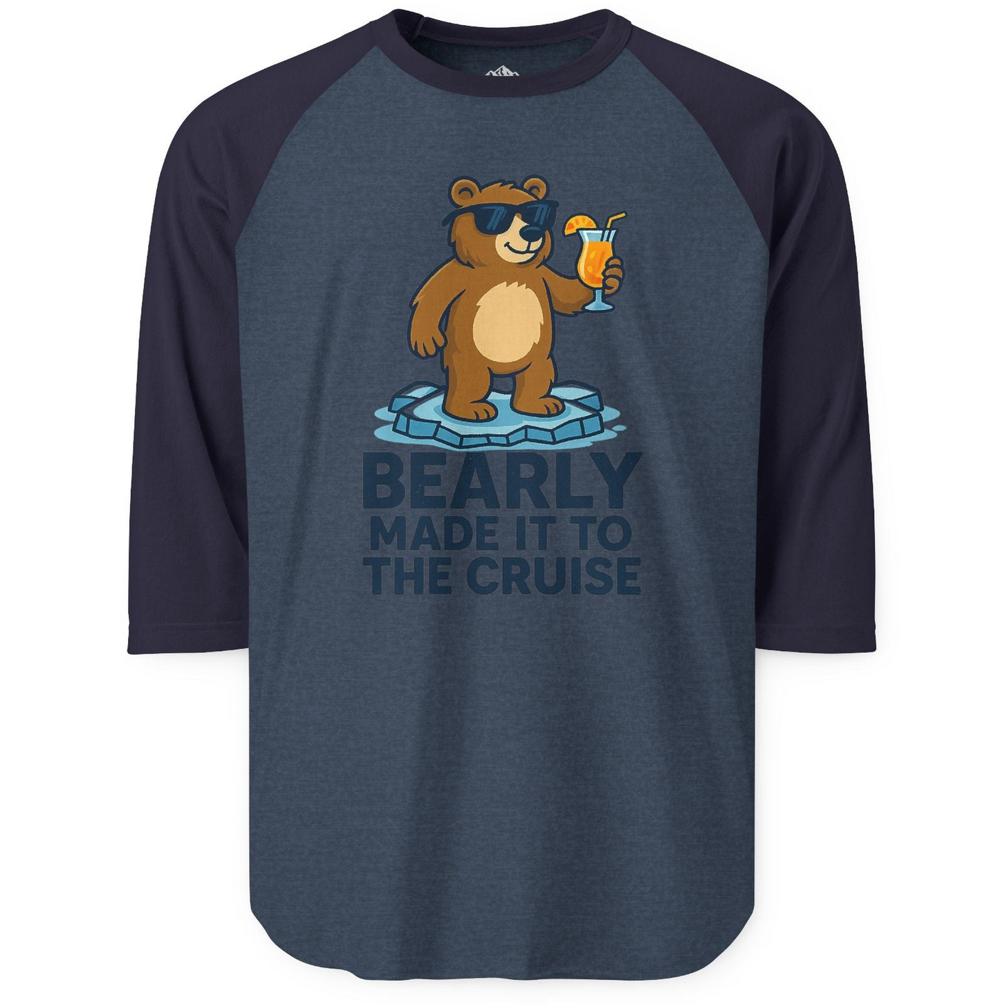 Bear Cruise Shirt - Funny Cartoon Bear With Sunglasses on Vacation 3/4 Sleeve Raglan Shirt – Heather Denim/Navy – Alaska Cruise Shirts