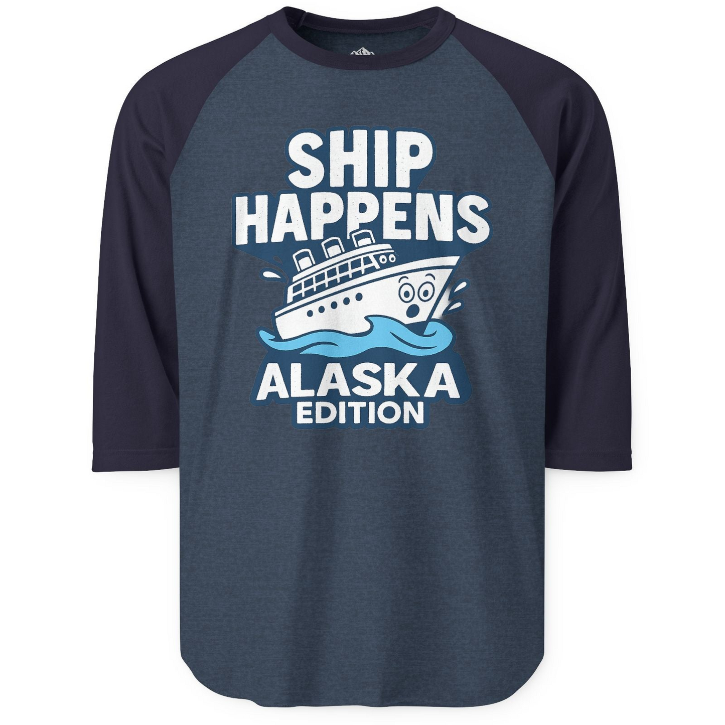 Ship Happens Alaska Cruise Shirt - Funny Cartoon Cruise Pun Tee 3/4 Sleeve Raglan Shirt – Heather Denim/Navy – Alaska Cruise Shirts