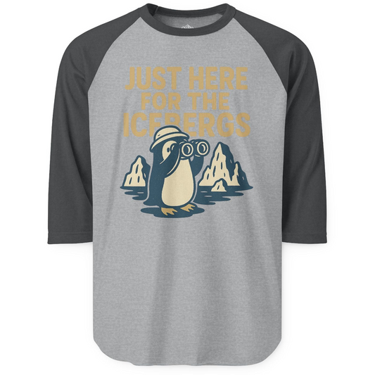 Just Here For The Icebergs Penguin Shirt - Funny Alaska Cruise Tee 3/4 Sleeve Raglan Shirt – Heather Grey/Heather Charcoal – Alaska Cruise Shirts