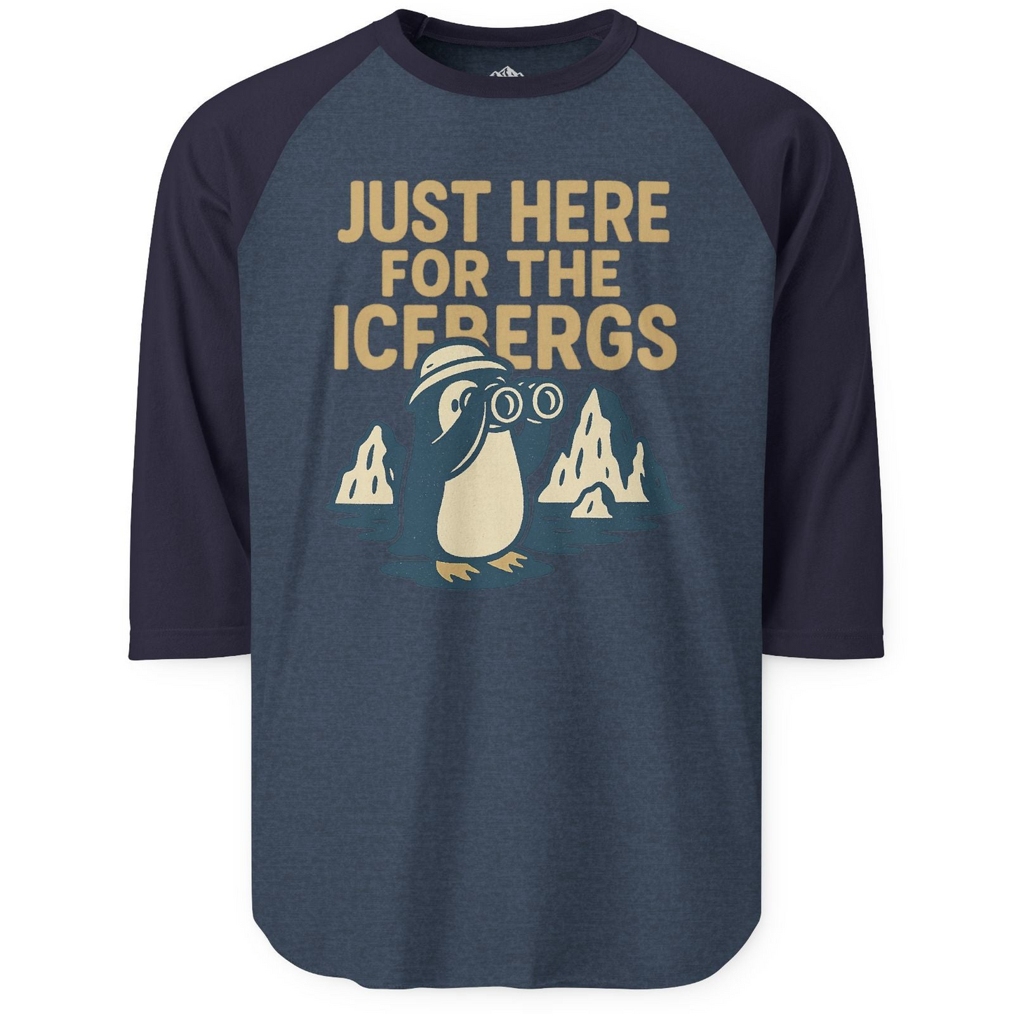 Just Here For The Icebergs Penguin Shirt - Funny Alaska Cruise Tee 3/4 Sleeve Raglan Shirt – Heather Denim/Navy – Alaska Cruise Shirts