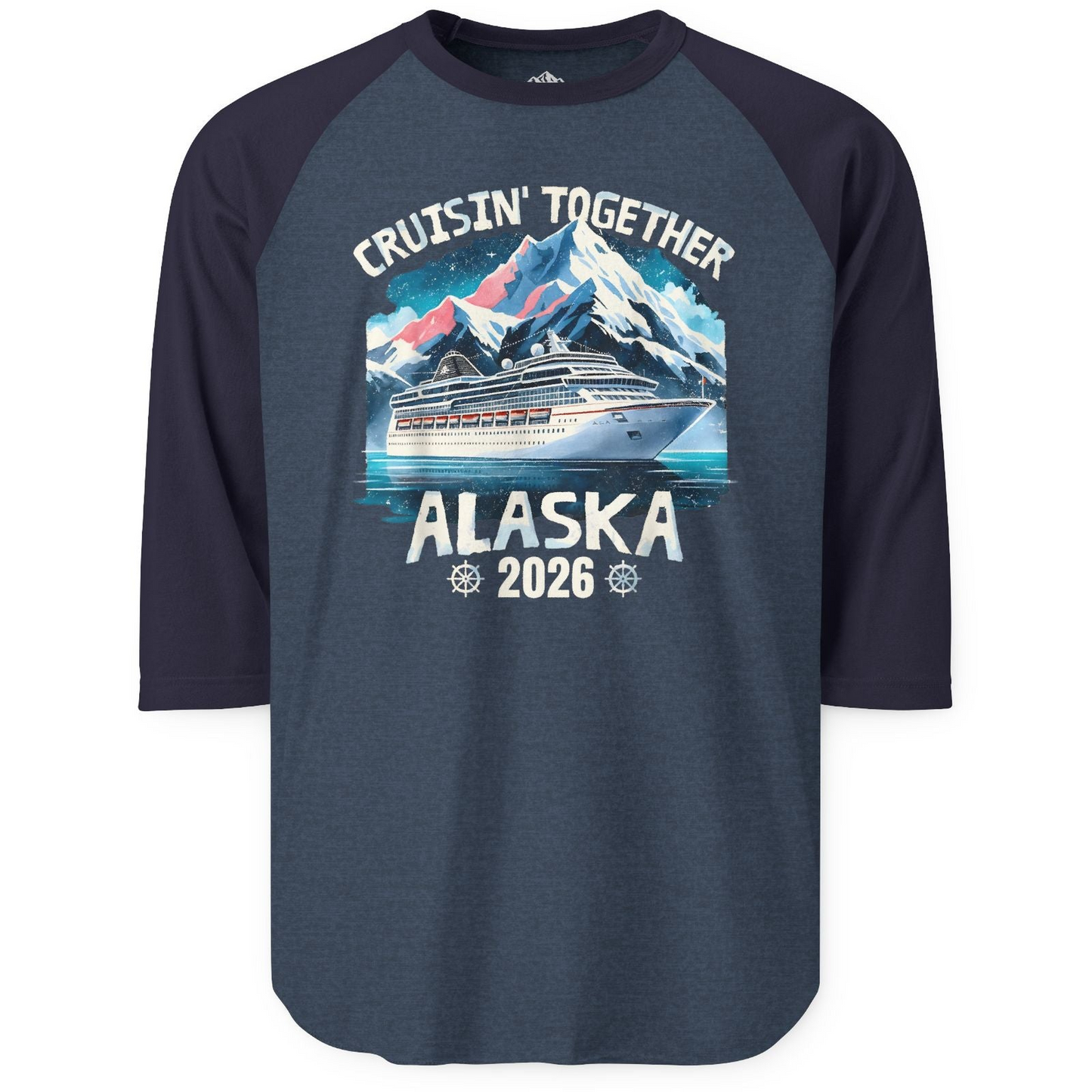Alaska Cruise 2026 Shirt - Vintage Mountains and Cruise Ship Adventure 3/4 Sleeve Raglan Shirt – Heather Denim/Navy – Alaska Cruise Shirts
