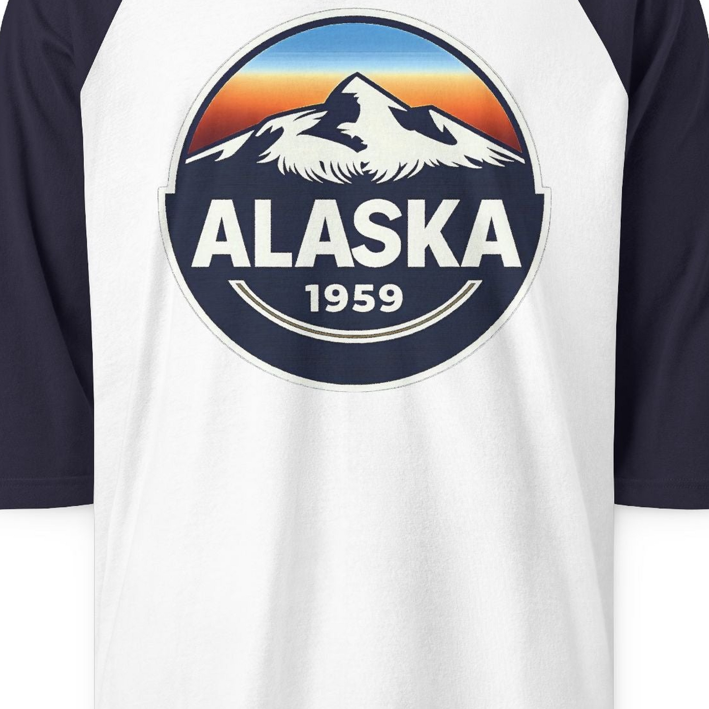 Alaska 1959 Retro Mountain Sunset Badge 3/4 sleeve shirt Vintage Statehood 3/4 sleeve shirt — 3/4 Sleeve 3/4 Sleeve Raglan Shirt – White/Navy – Alaska Cruise Shirts Close Up