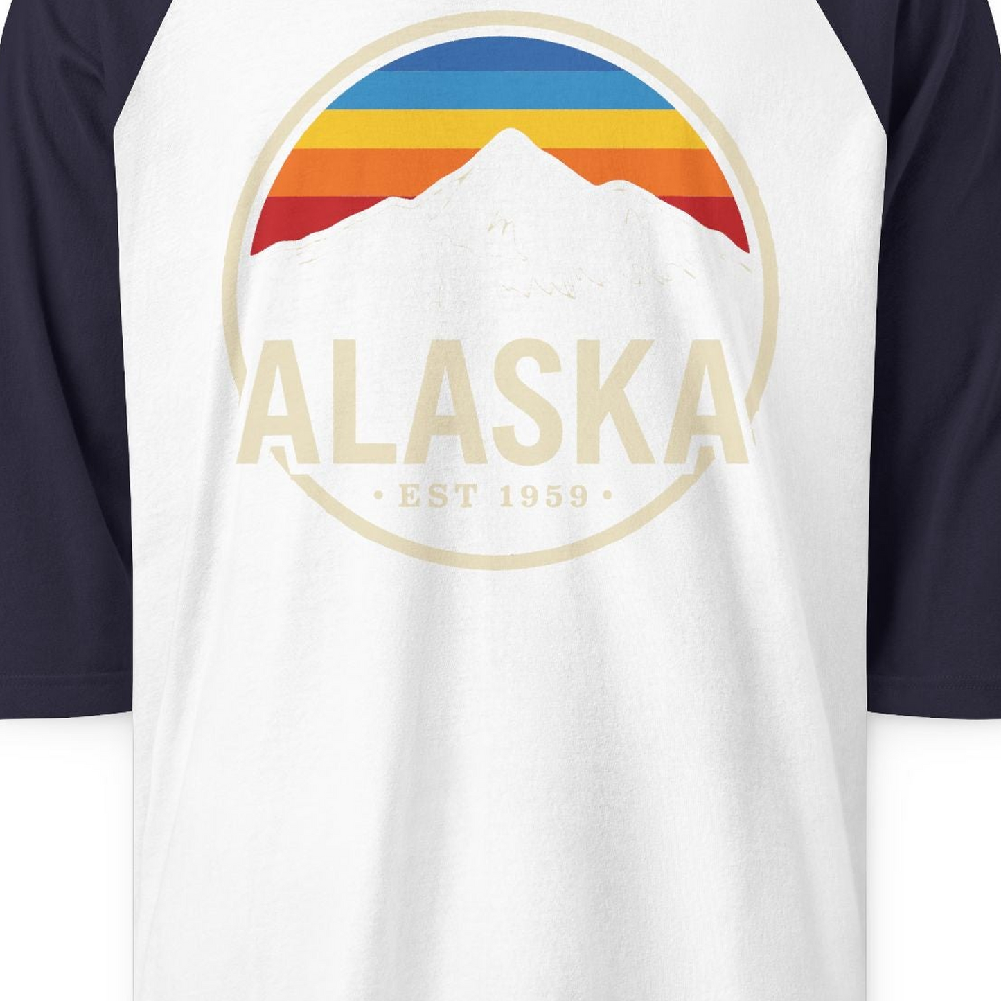 Alaska Vintage Mountain Sunset Shirt 3/4 Sleeve Raglan Shirt – White/Navy – Alaska Cruise Shirts Close Up