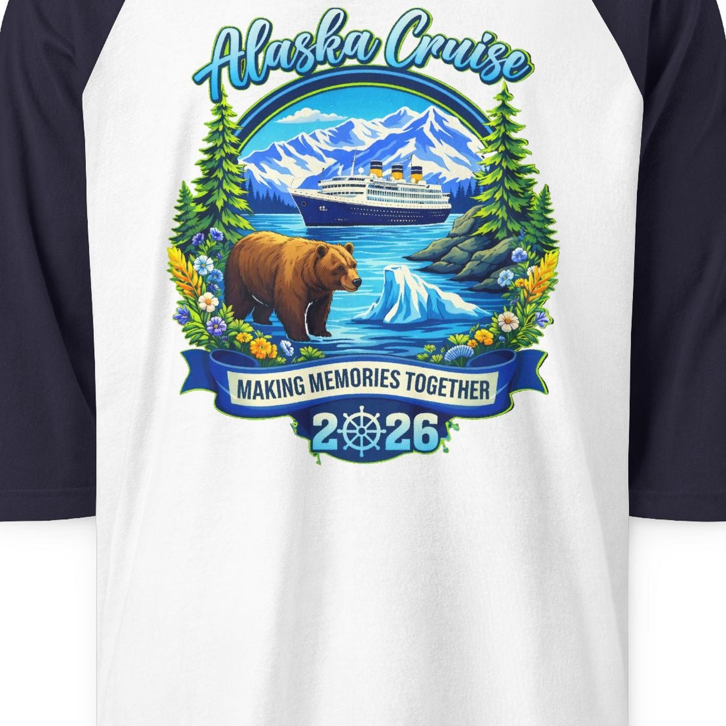Alaska Cruise 2026 Family 3/4 sleeve shirt 3/4 Sleeve Raglan Shirt – White/Navy – Alaska Cruise Shirts Close Up