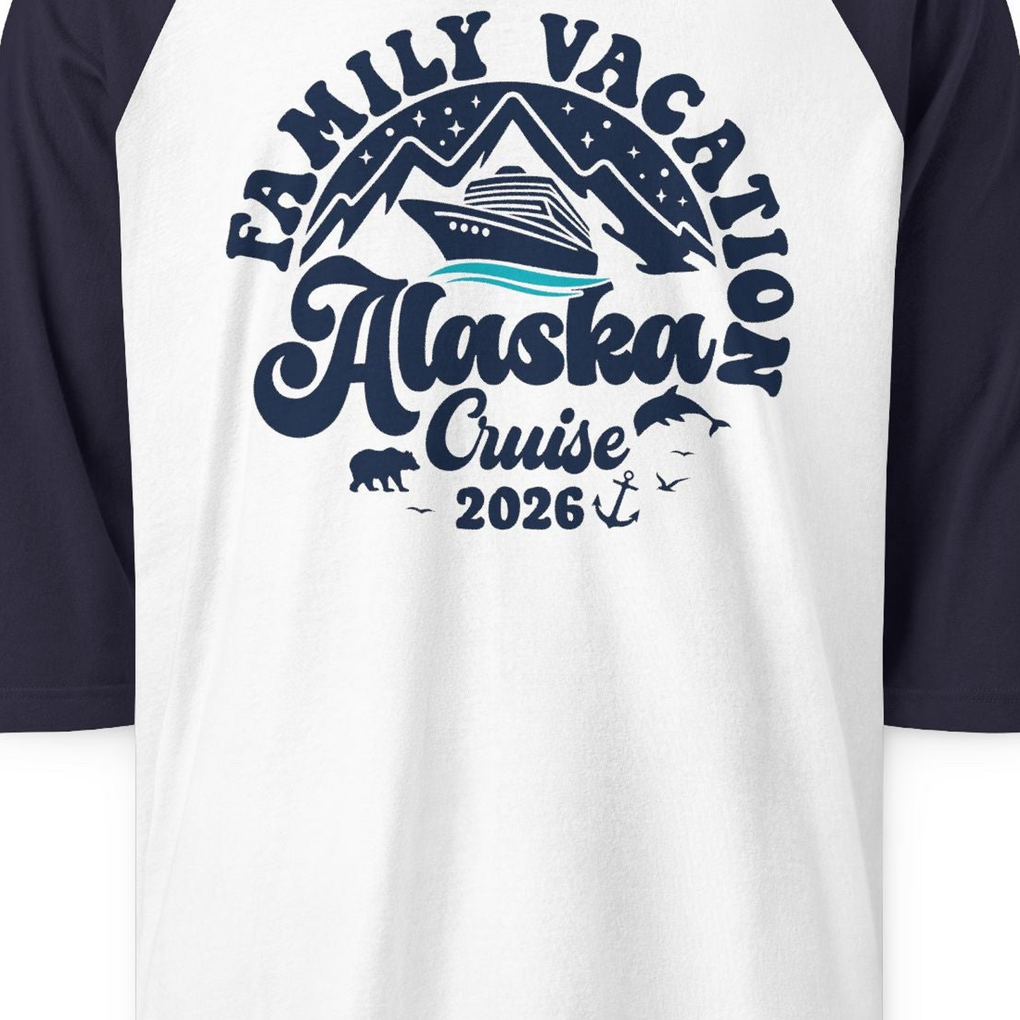 Alaska Family Cruise Shirt 3/4 Sleeve Raglan Shirt – White/Navy – Alaska Cruise Shirts Close Up