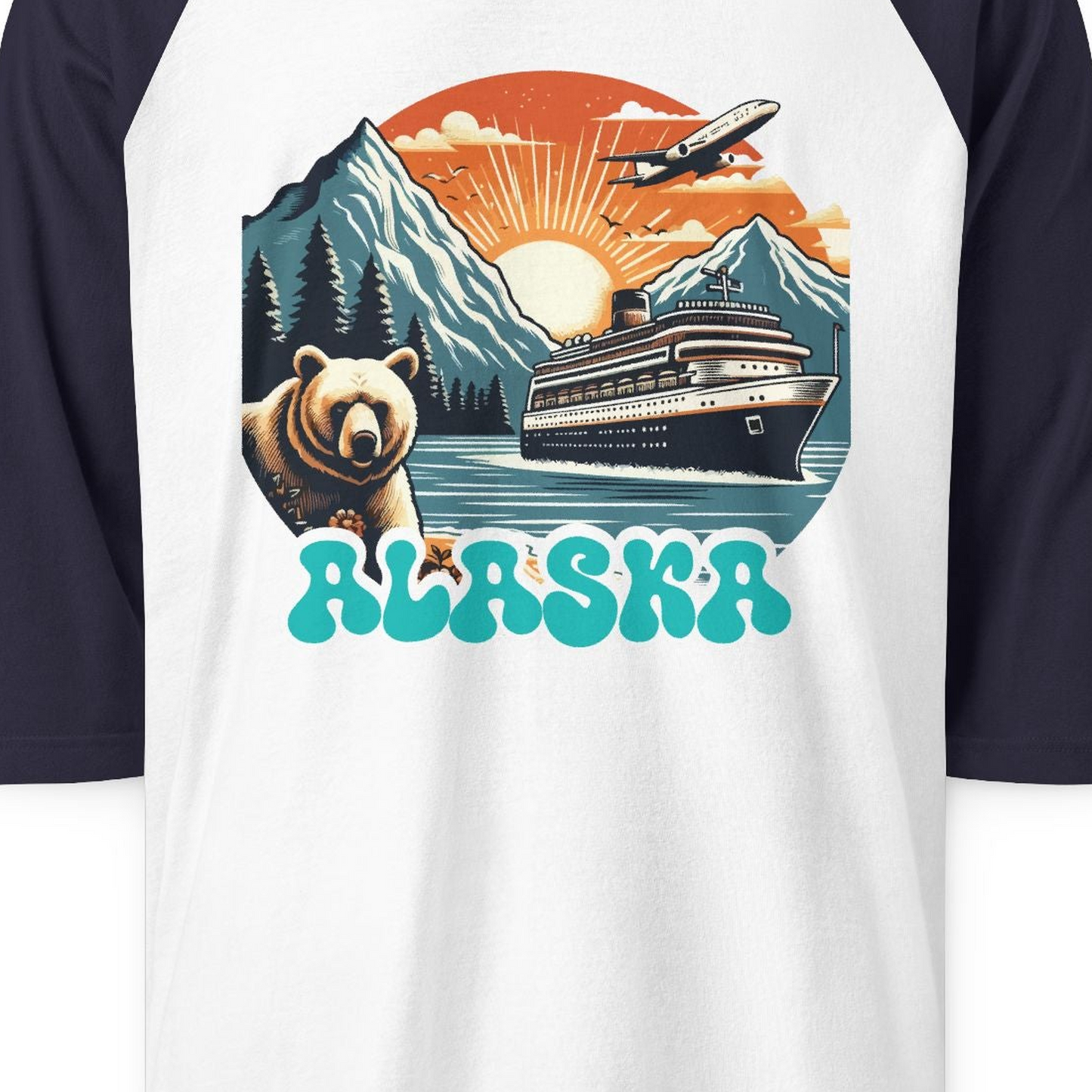 Alaska Cruise Shirt 3/4 Sleeve Raglan Shirt – White/Navy – Alaska Cruise Shirts Close Up