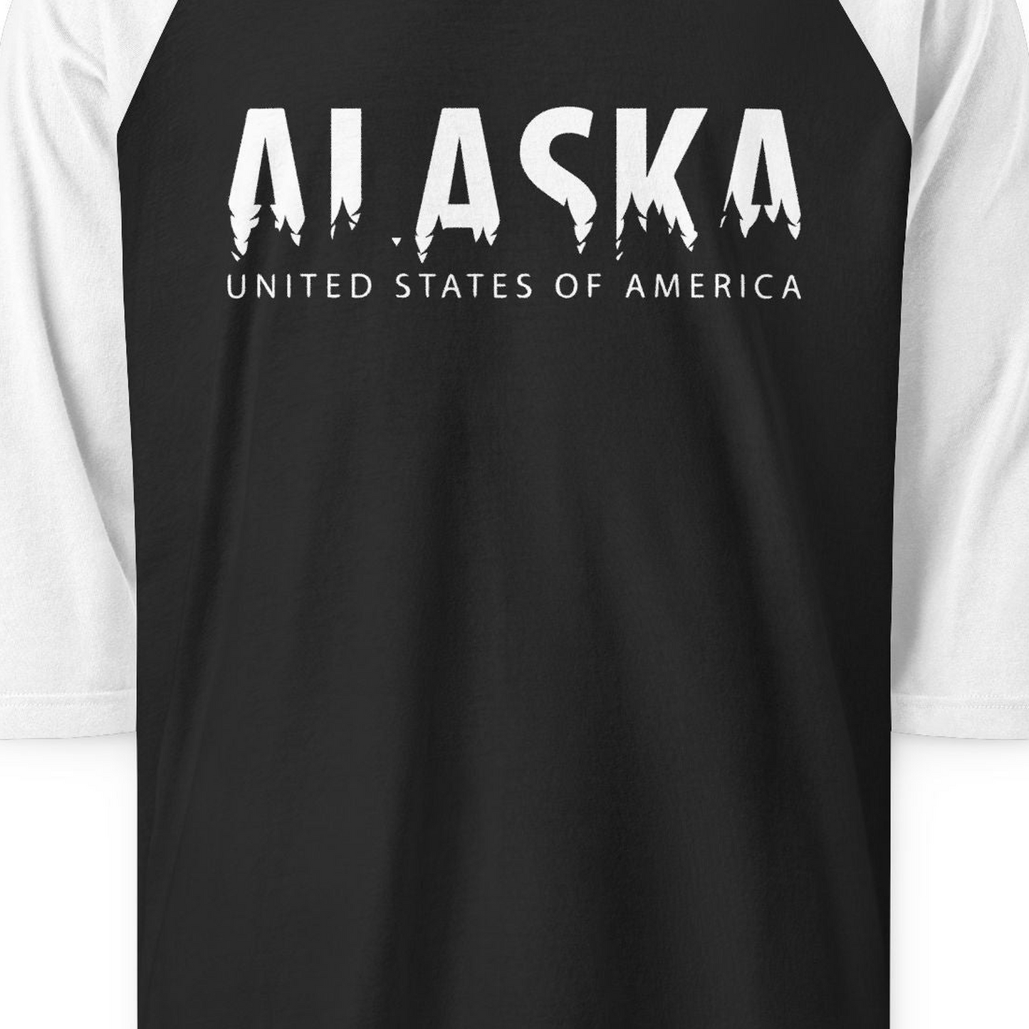 Alaska United States Typography Shirt 3/4 Sleeve Raglan Shirt – Black/White – Alaska Cruise Shirts Close Up