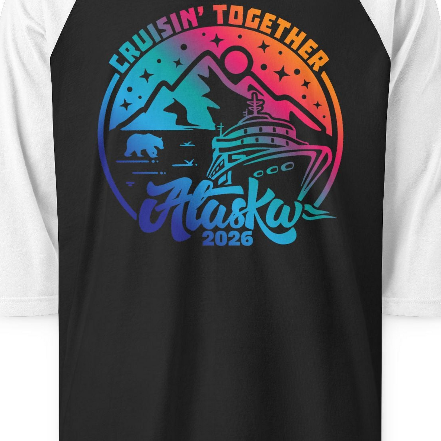 Alaska Cruise Adventure Mountains Wildlife Retro Family Group Shirt 2026 — 3/4 Sleeve 3/4 Sleeve Raglan Shirt – Black/White – Alaska Cruise Shirts Close Up