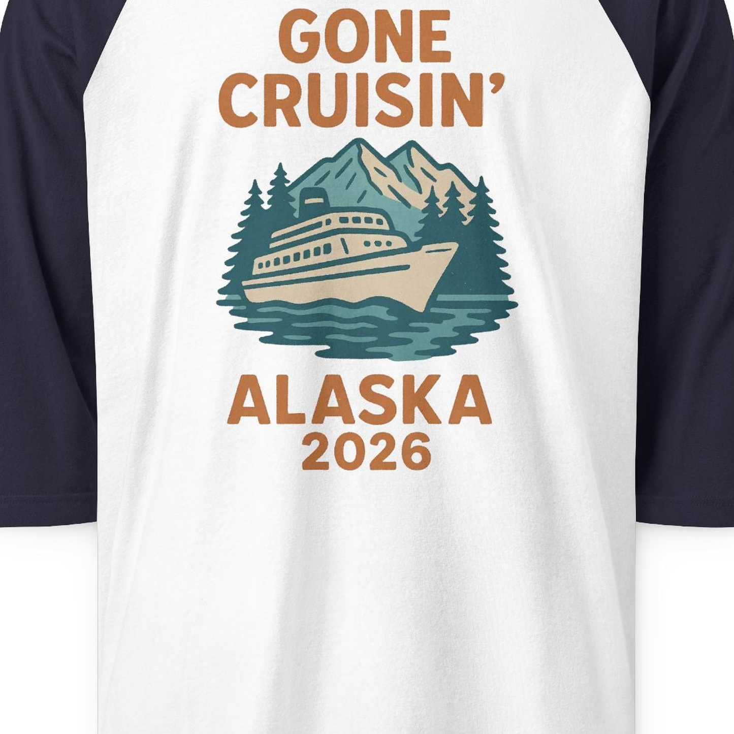 Gone Cruisin Alaska 2026 Retro Cruise Ship Nature Scenery Shirt — 3/4 Sleeve 3/4 Sleeve Raglan Shirt – White/Navy – Alaska Cruise Shirts Close Up
