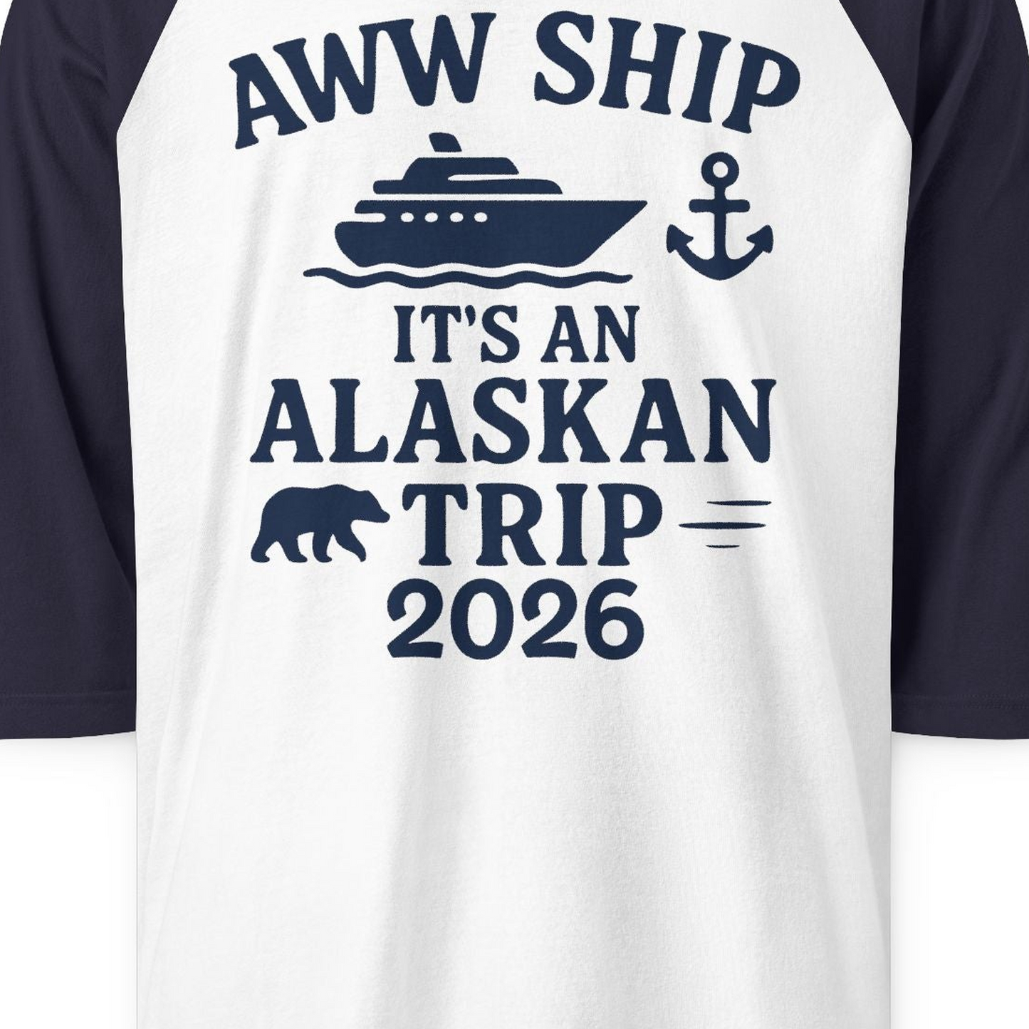 Alaska Cruise Shirt 3/4 Sleeve Raglan Shirt – White/Navy – Alaska Cruise Shirts Close Up