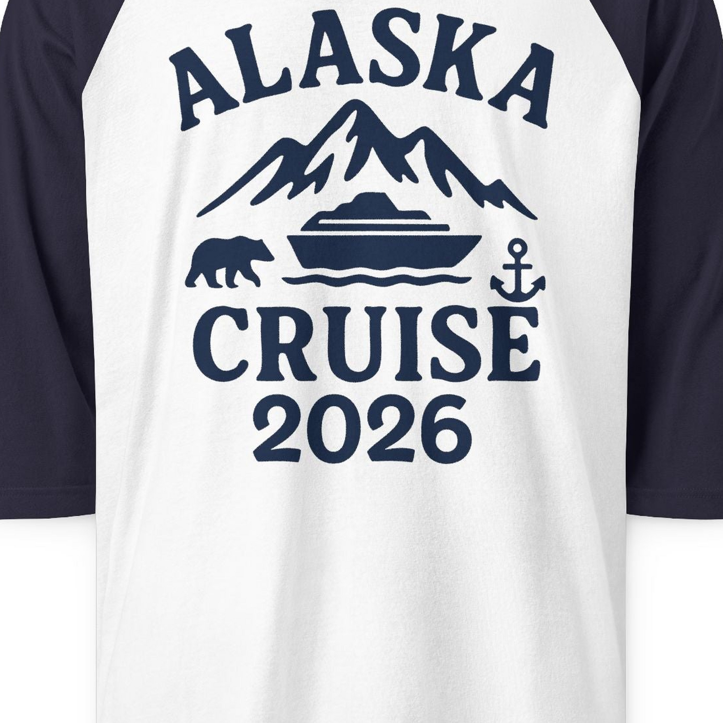 Alaska Cruise 2026 Shirt 3/4 Sleeve Raglan Shirt – White/Navy – Alaska Cruise Shirts Close Up