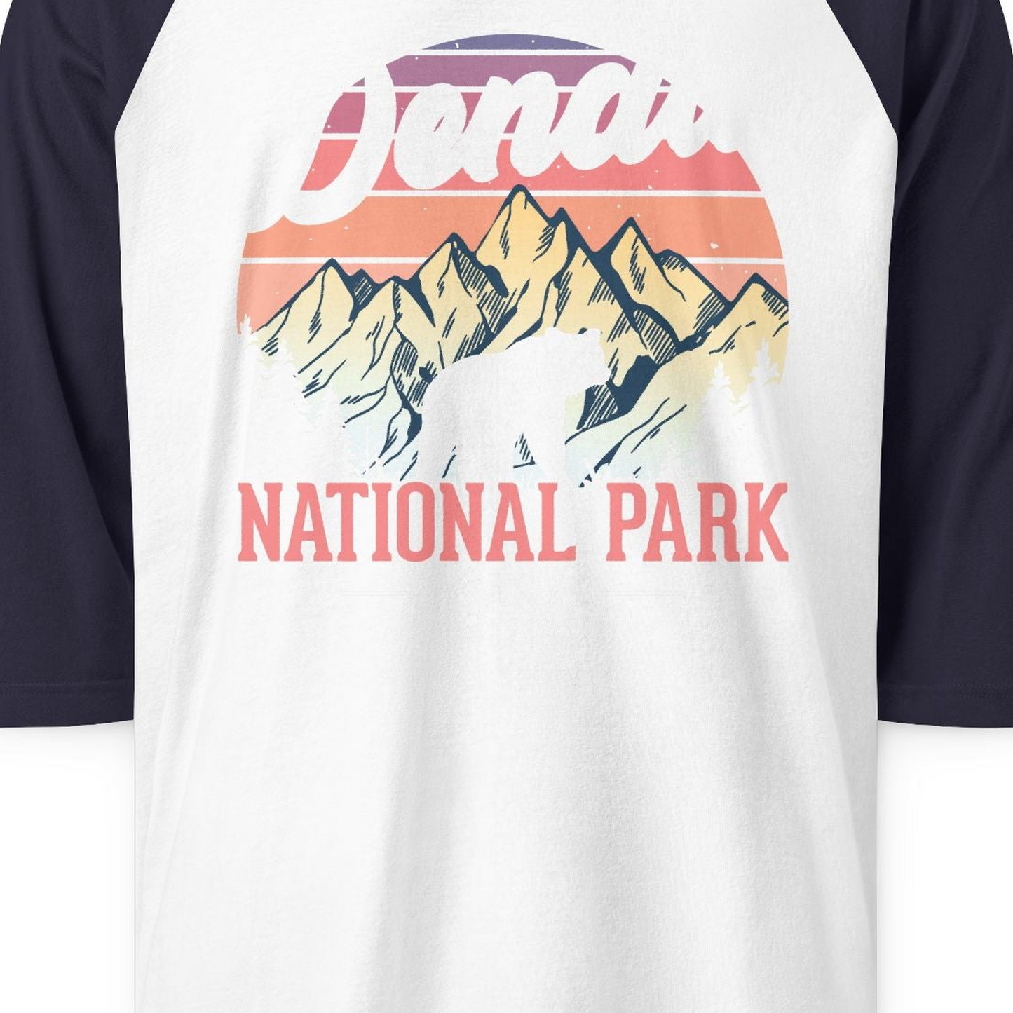 Retro Denali National Park Alaska Bear Mountains Vintage Shirt — 3/4 Sleeve 3/4 Sleeve Raglan Shirt – White/Navy – Alaska Cruise Shirts Close Up