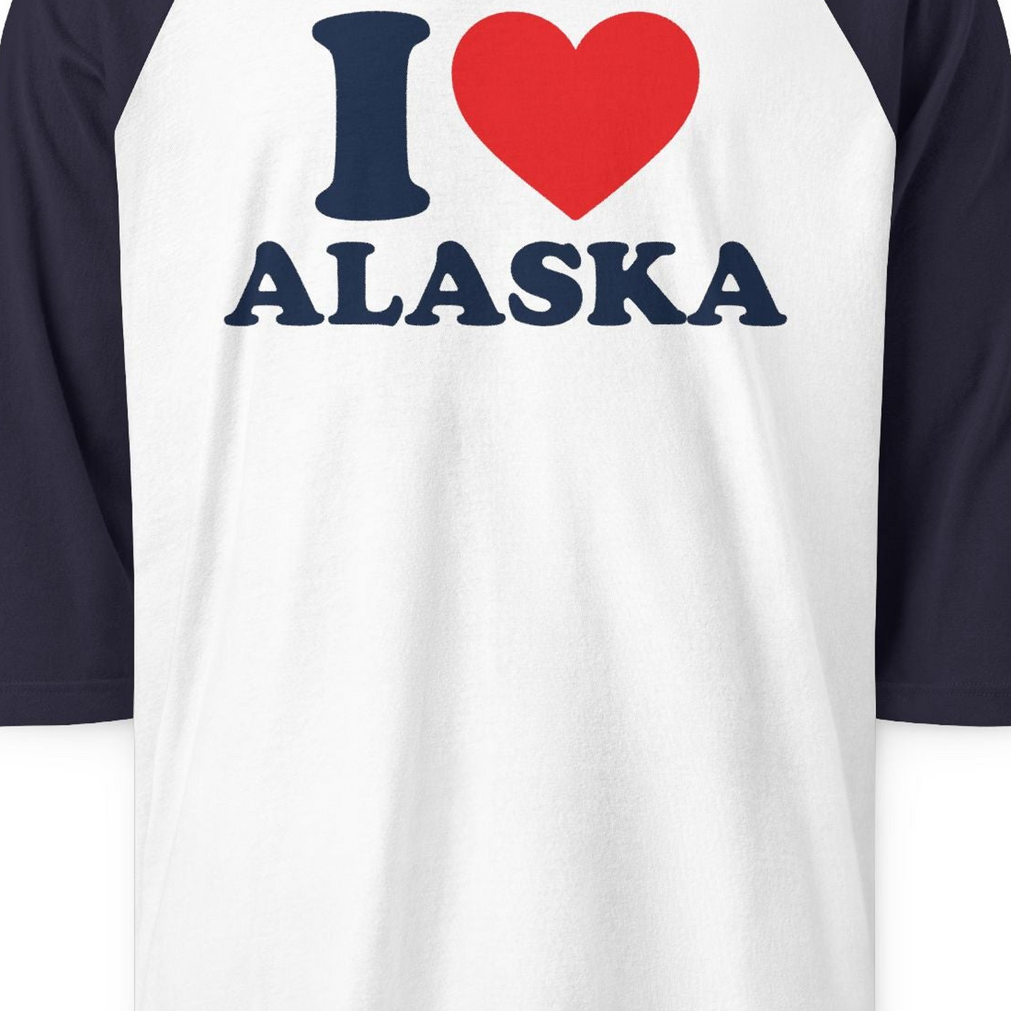 I Love Alaska Shirt 3/4 Sleeve Raglan Shirt – White/Navy – Alaska Cruise Shirts Close Up