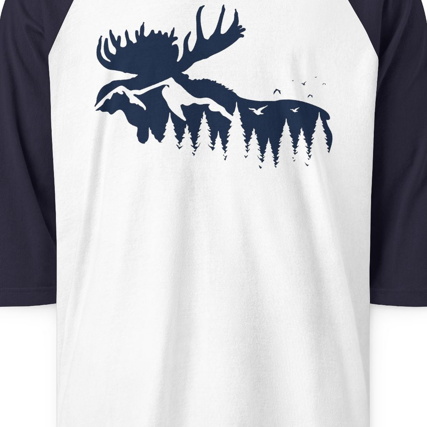 Moose Silhouette Forest Scene Shirt 3/4 Sleeve Raglan Shirt – White/Navy – Alaska Cruise Shirts Close Up