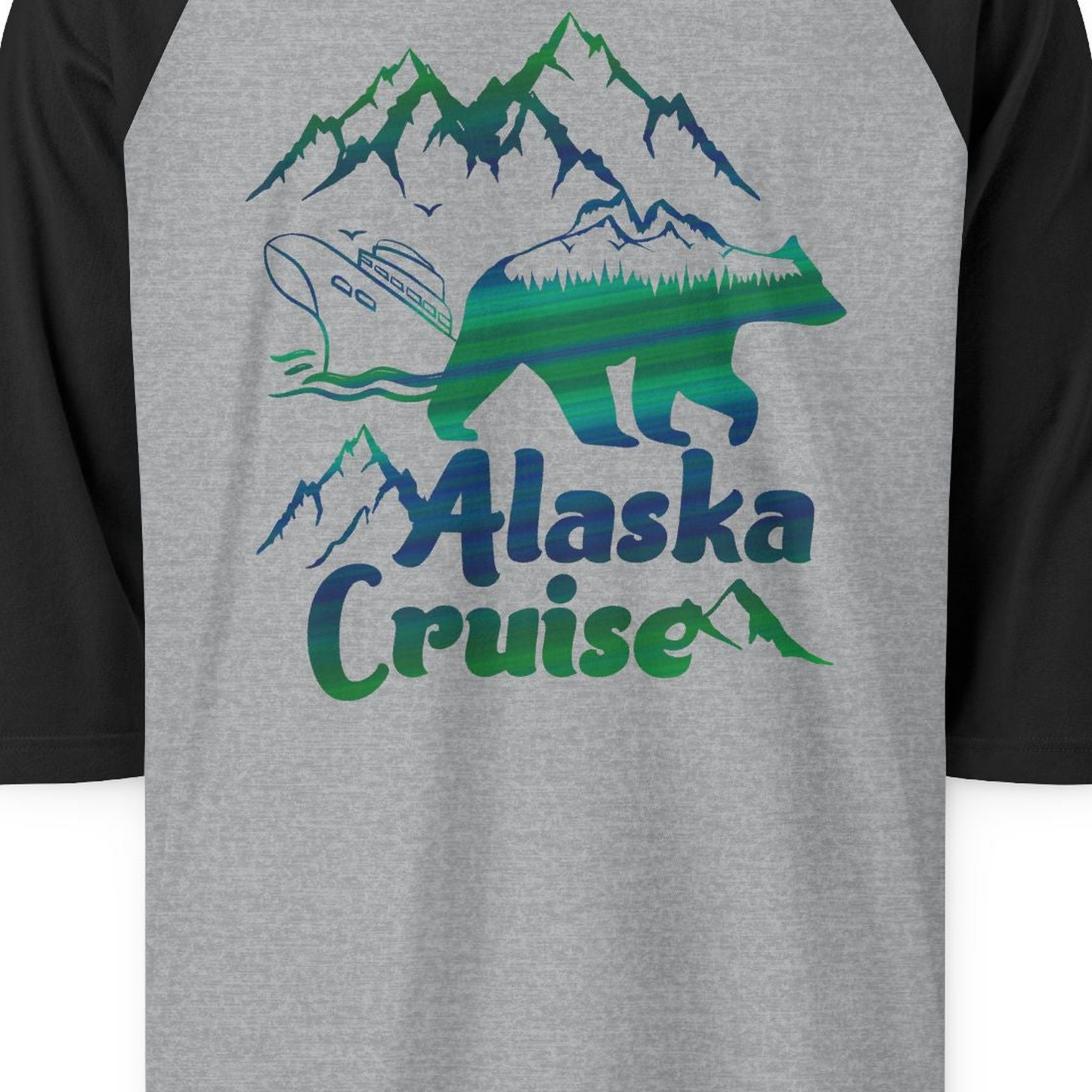 Alaska Cruise Bear Mountains Silhouette Shirt 3/4 Sleeve Raglan Shirt – Heather Grey/Black – Alaska Cruise Shirts Close Up