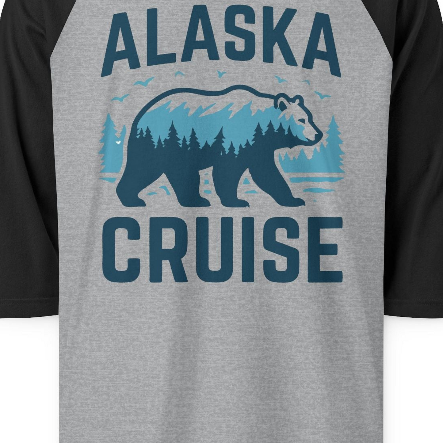 Alaska Cruise Shirt Bear Silhouette Forest Wildlife Nature Tee — 3/4 Sleeve 3/4 Sleeve Raglan Shirt – Heather Grey/Black – Alaska Cruise Shirts Close Up