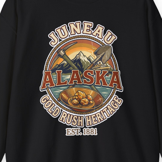 Juneau Alaska Gold Rush Heritage Vintage Travel T-Shirt — Sweatshirt Sweatshirt – Alaska Cruise Shirts Close Up