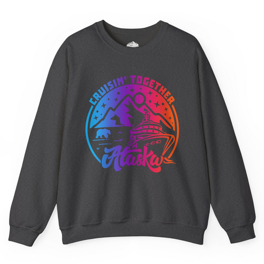Alaska Cruise Shirt - Mountain Scenery Retro Wildlife Gradient Design Sweatshirt – Dark Heather – Alaska Cruise Shirts