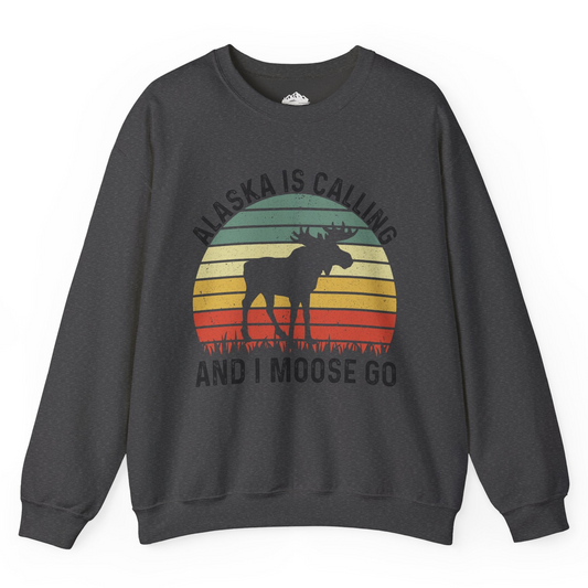 Alaska Is Calling And I Moose Go Retro Sunset Moose Graphic Shirt Sweatshirt – Dark Heather – Alaska Cruise Shirts