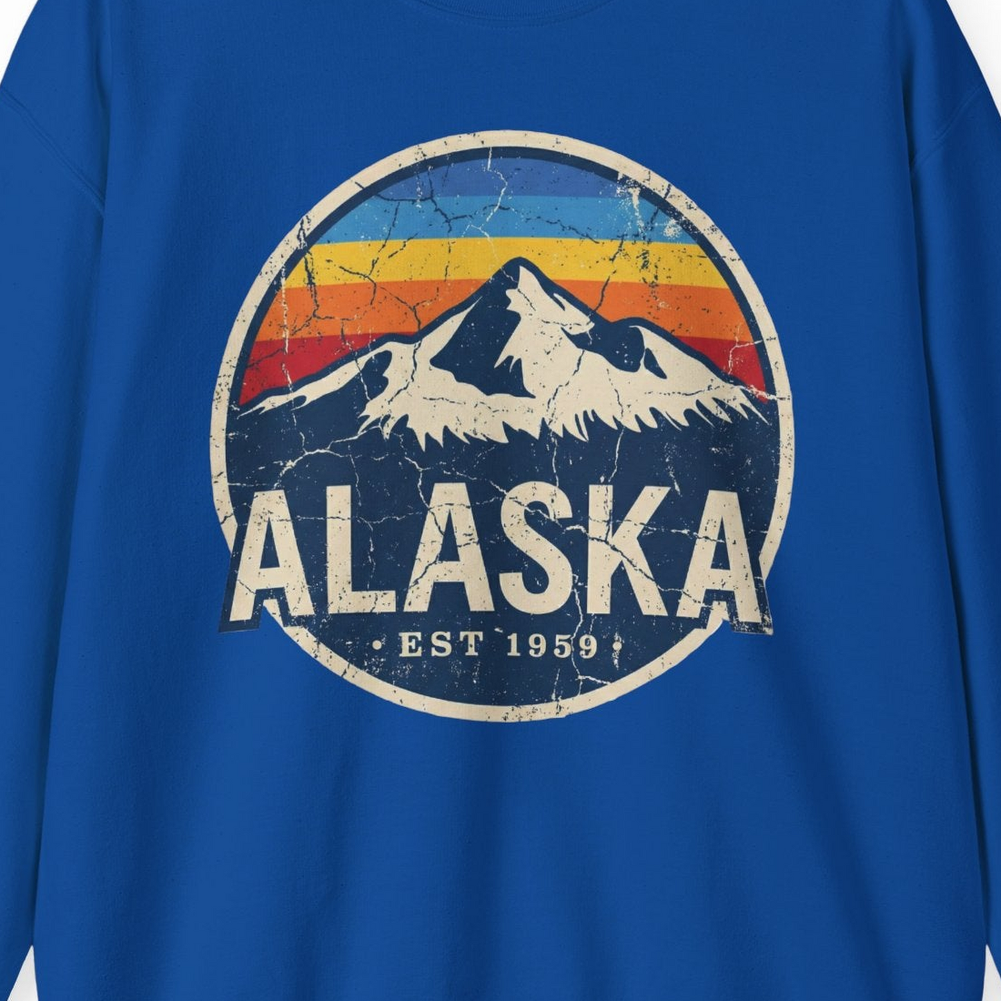 Alaska Vintage sweatshirt Sweatshirt – Royal – Alaska Cruise Shirts Close Up