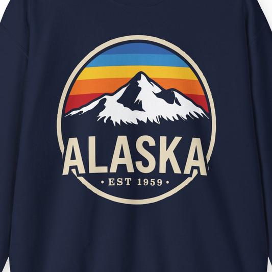 Alaska Vintage Mountain Sunset sweatshirt Sweatshirt – Navy – Alaska Cruise Shirts Close Up