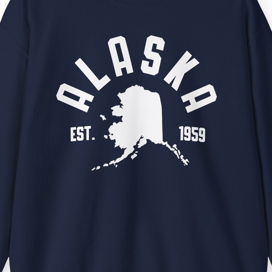 Vintage Alaska State Outline Est 1959 Retro Collegiate Shirt — Sweatshirt Sweatshirt – Navy – Alaska Cruise Shirts Close Up