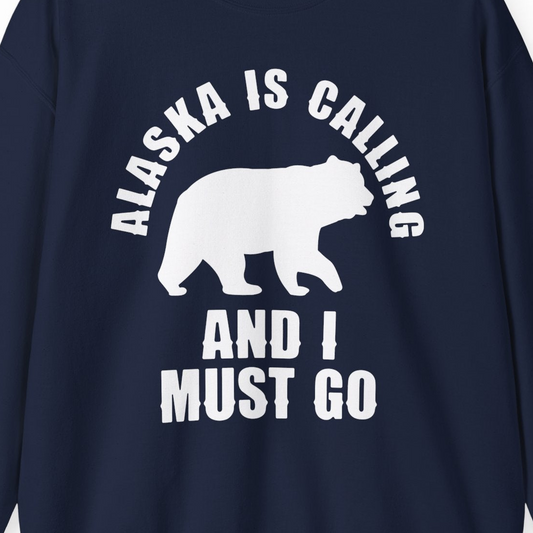 Alaska Is Calling Bear Silhouette Adventure Shirt Sweatshirt – Navy – Alaska Cruise Shirts Close Up