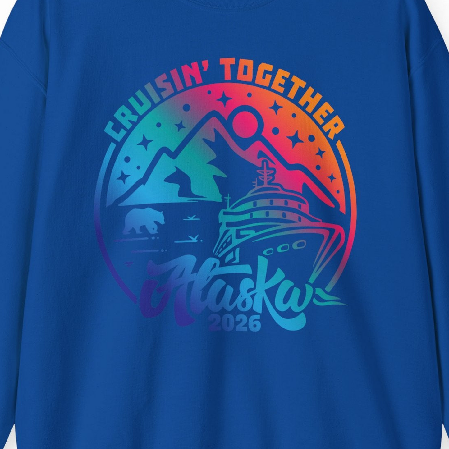 Alaska Cruise Adventure Mountains Wildlife Retro Family Group Shirt 2026 — Sweatshirt Sweatshirt – Royal – Alaska Cruise Shirts Close Up