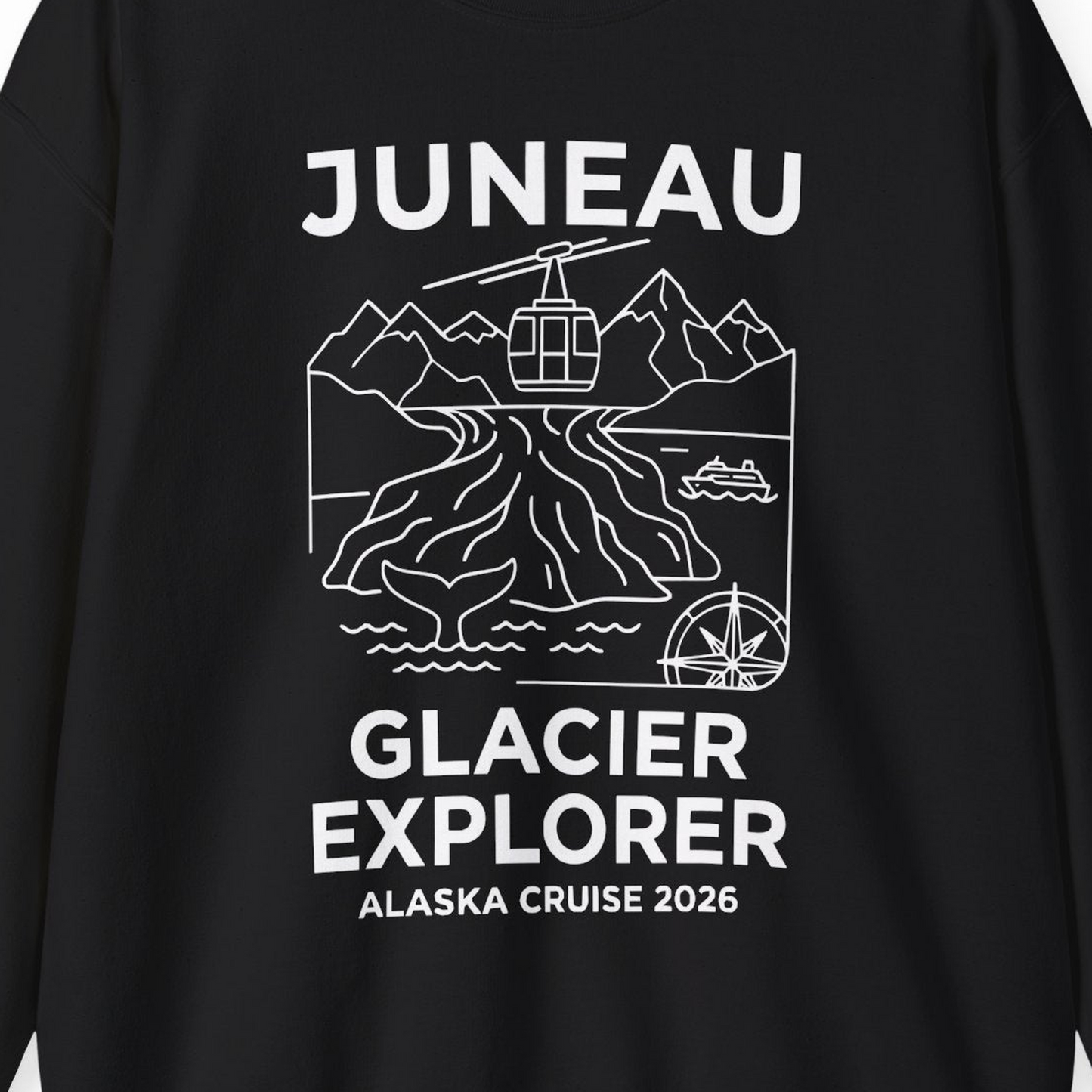 Juneau Glacier Explorer Alaska Cruise 2026 Adventure Shirt — Sweatshirt Sweatshirt – Black – Alaska Cruise Shirts Close Up