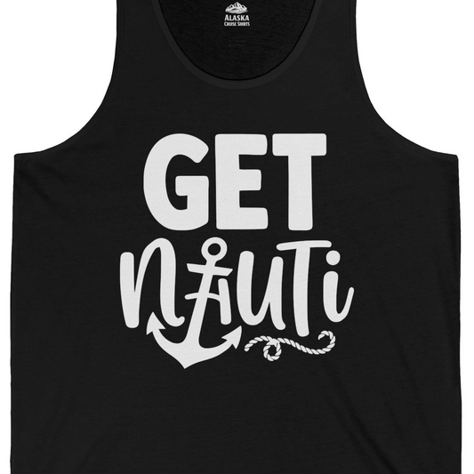Get Nauti Nautical Pun Shirt with Anchor and Rope Graphic — Tank Top Tank Top – Alaska Cruise Shirts Close Up