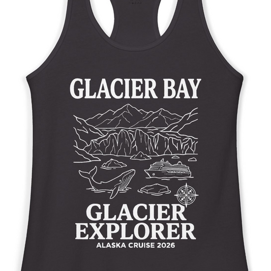 Glacier Bay Alaska Cruise 2026 Glacier Explorer Souvenir Shirt — Ladies Tank Tank Top – Alaska Cruise Shirts Close Up