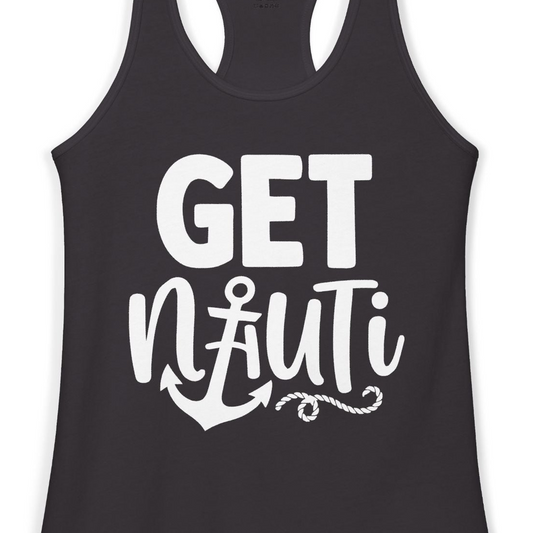 Get Nauti Nautical Pun Shirt with Anchor and Rope Graphic — Ladies Tank Tank Top – Alaska Cruise Shirts Close Up