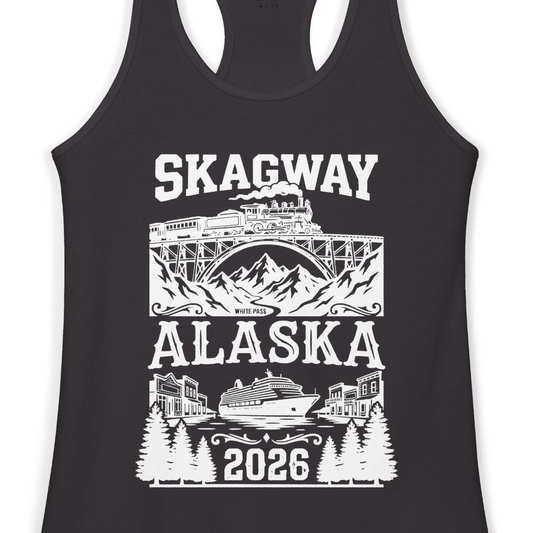 Skagway Alaska Cruise 2026 Shirt with Train and Mountains — Ladies Tank Tank Top – Alaska Cruise Shirts Close Up