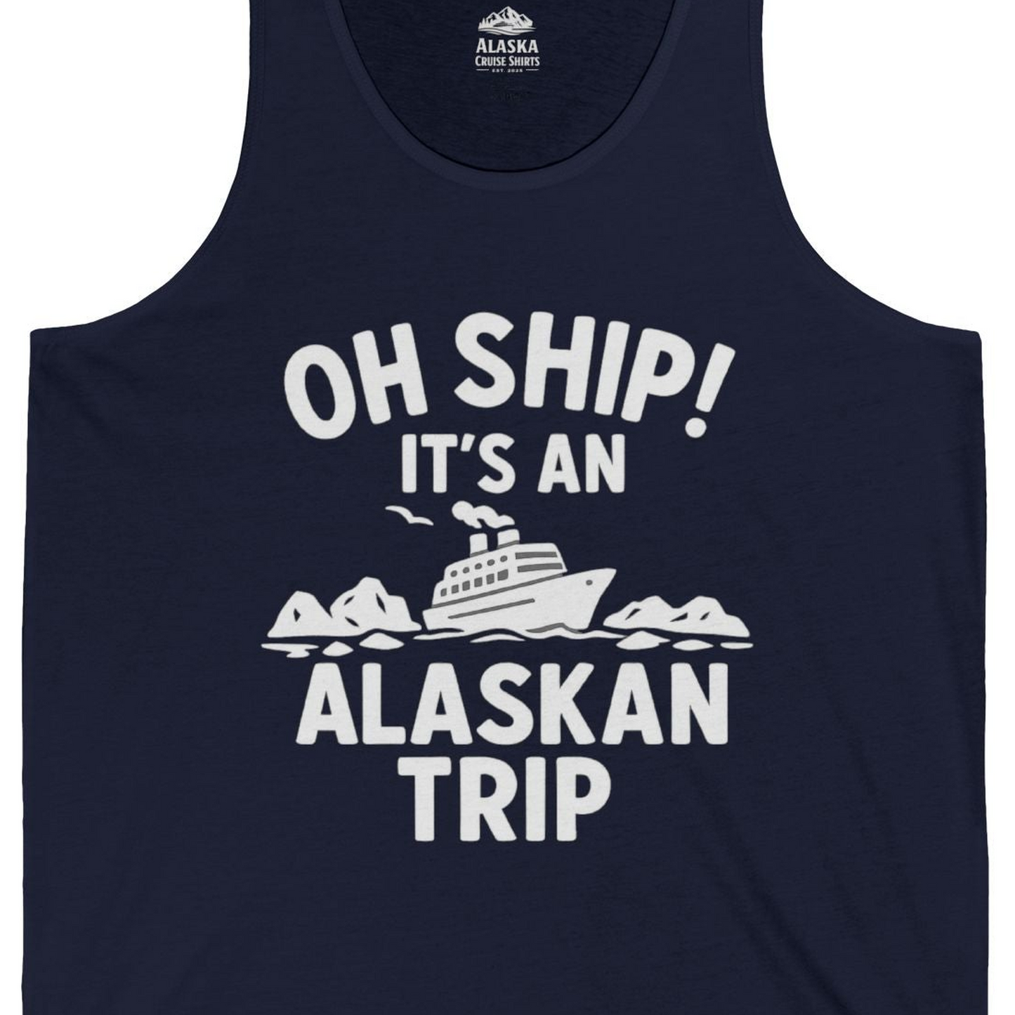 Oh Ship Alaskan Cruise Shirt Tank Top – Navy – Alaska Cruise Shirts Close Up