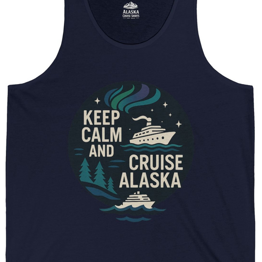 Keep Calm Cruise Alaska Shirt Tank Top – Navy – Alaska Cruise Shirts Close Up
