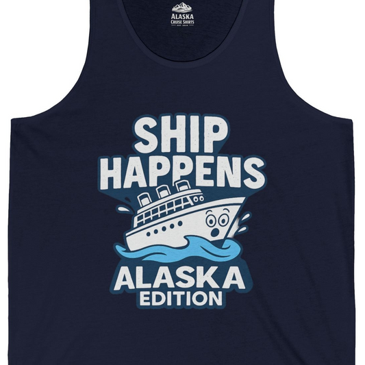 Ship Happens Alaska Cruise Shirt Tank Top – Navy – Alaska Cruise Shirts Close Up